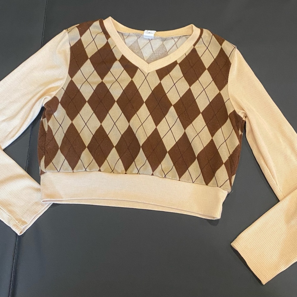 SHEIN Beige and Brown Argyle Knit Top